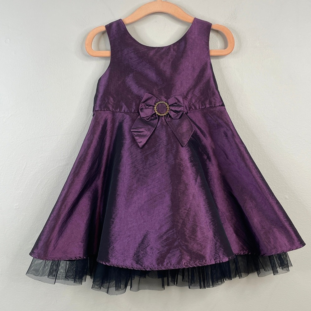 Vintage 80s Taffeta Tulle Party Dress Girls 2T Purple Bow Holiday Christmas